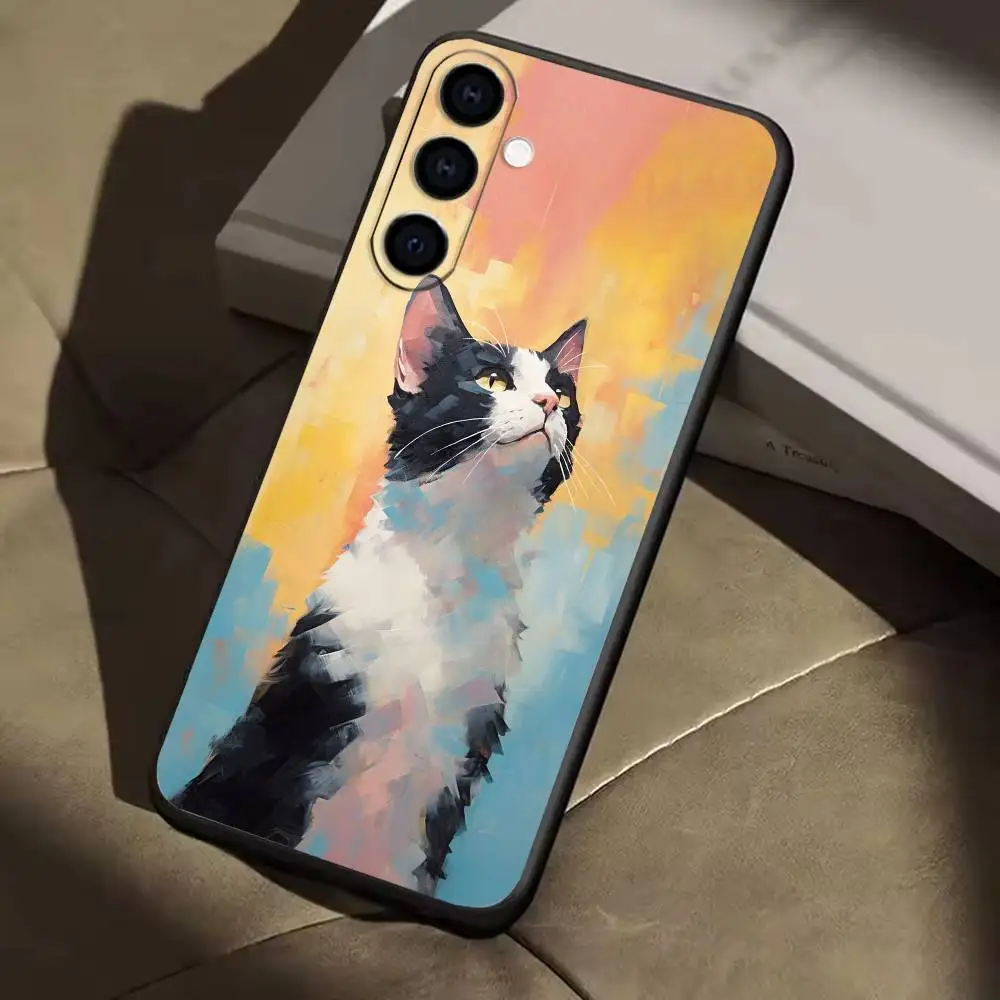 ภาพวาดสีน้ำมันแมวเคสโทรศัพท์สำหรับซัมซุงกาแล็คซี่ A91,80,73,72,71,53,52,32,31,22,21s,20,เคสสีดำนุ่ม
