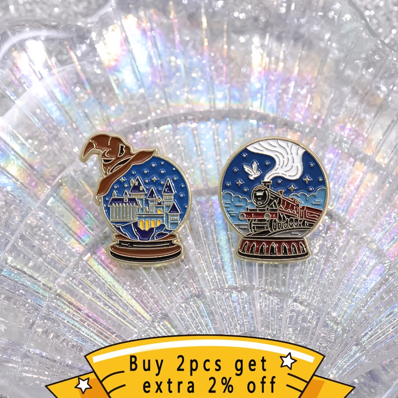 Magic Crystal Ball Fairy Tale Castle Enamel Pin Steam Train Brooch Lapel Badge Clothes Christmas Jewelry Wholesale Gift For Kid