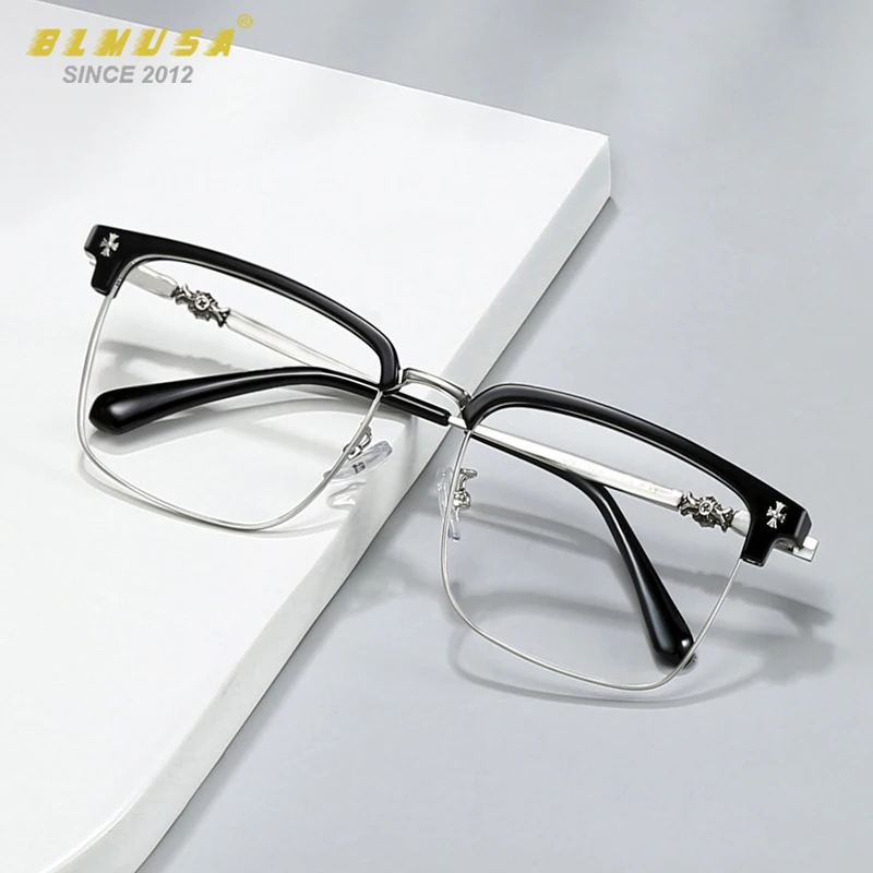 BLMUSA Men Classic Chrome Style Hearts Reading Glasses Anti Blue Light Myopia Glasses Photochromic Prescription Optical Eyewear