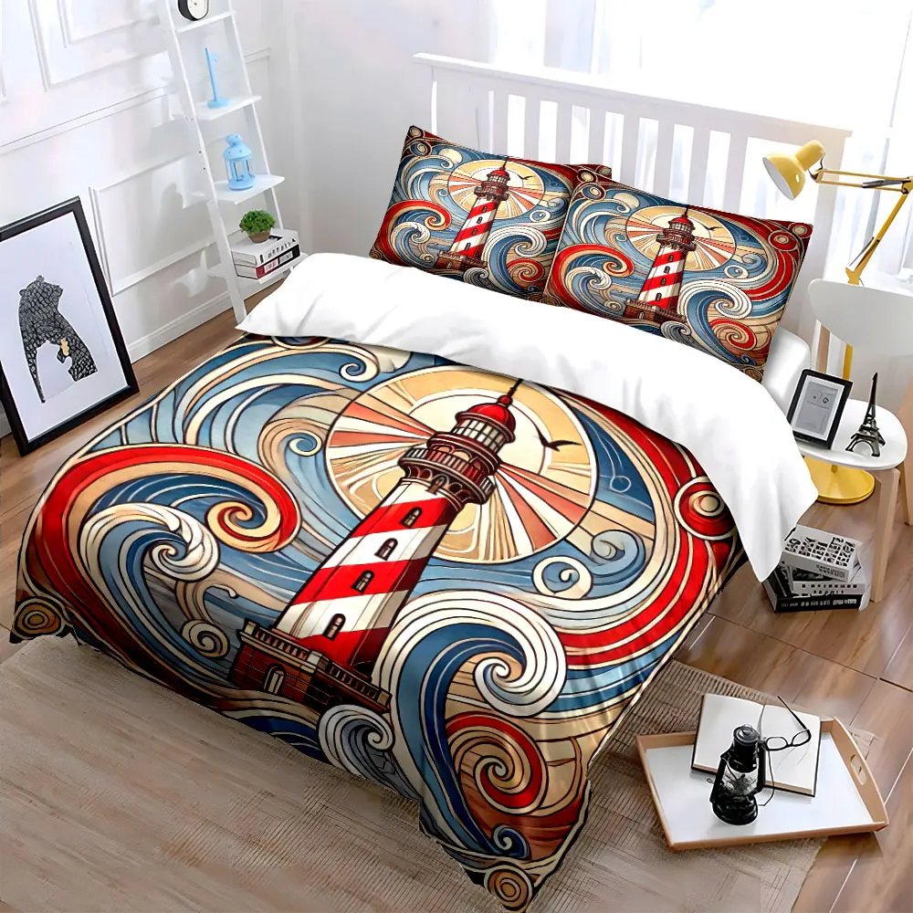 Lighthouse Ocean Art Decor Set Soft Skin-Friendly Bedding Set Includes 1 Duvet Cover And 2 Pillowcase, Gift