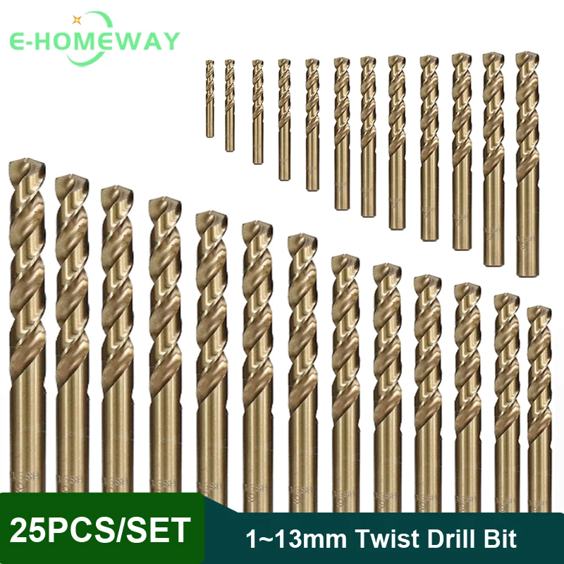 

25Pcs HSS M35 Cobalt Twist Drill Bits 1.0-13mm Straight Shank For Drilling Hole Stainless Steel Aluminum Iron Wood Plactic Metal