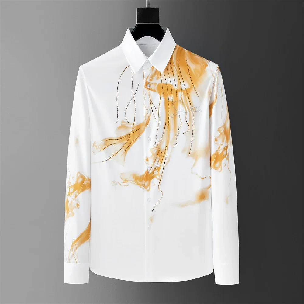 Men's black and white classic simple printed long-sleeved shirt Hawaiian simple business casual button shirt Beach vacation men'