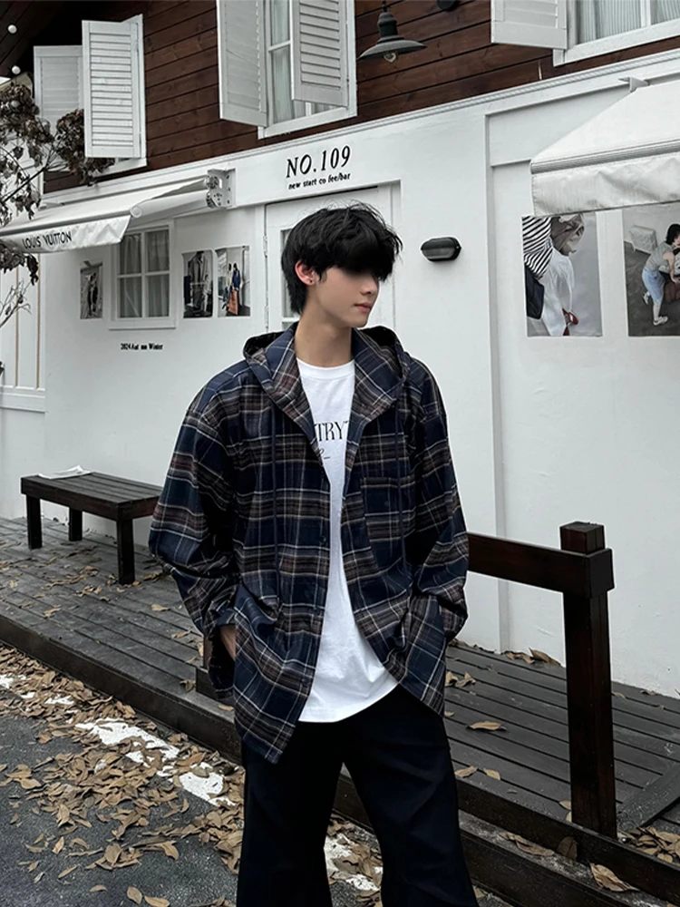 

Ретро-рубашка мужская синяя в клетку с капюшоном и длинным рукавом, повседневная свободная верхняя одежда, осенняя новинка, молодежная модная модель из полиэстера и хлопка