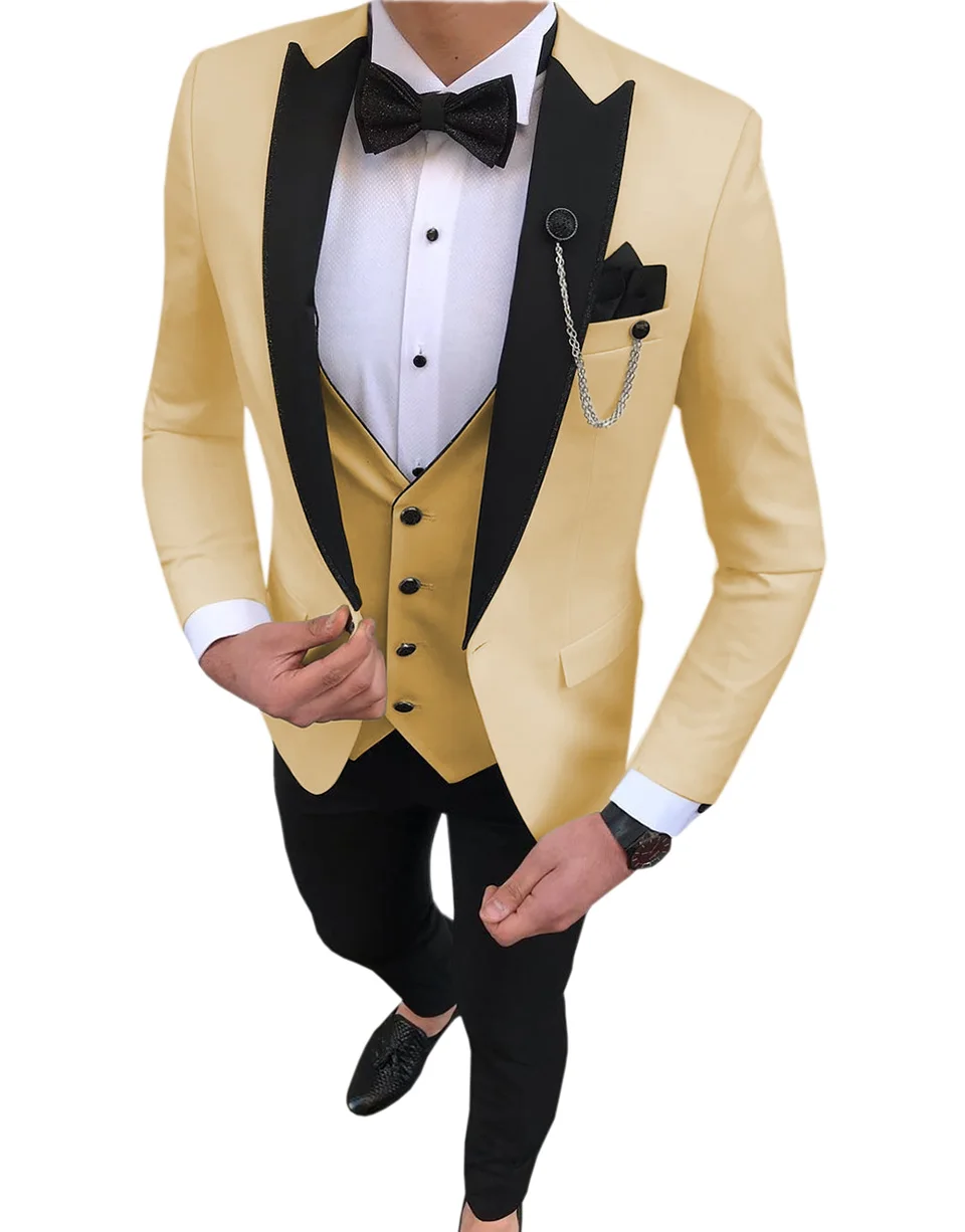 Burgundy Men's Suit Black Lapel One Button Suit Business Wedding Tuxedo Prom Party Casual Suit 3 Piece Blazer + Vest + Pants