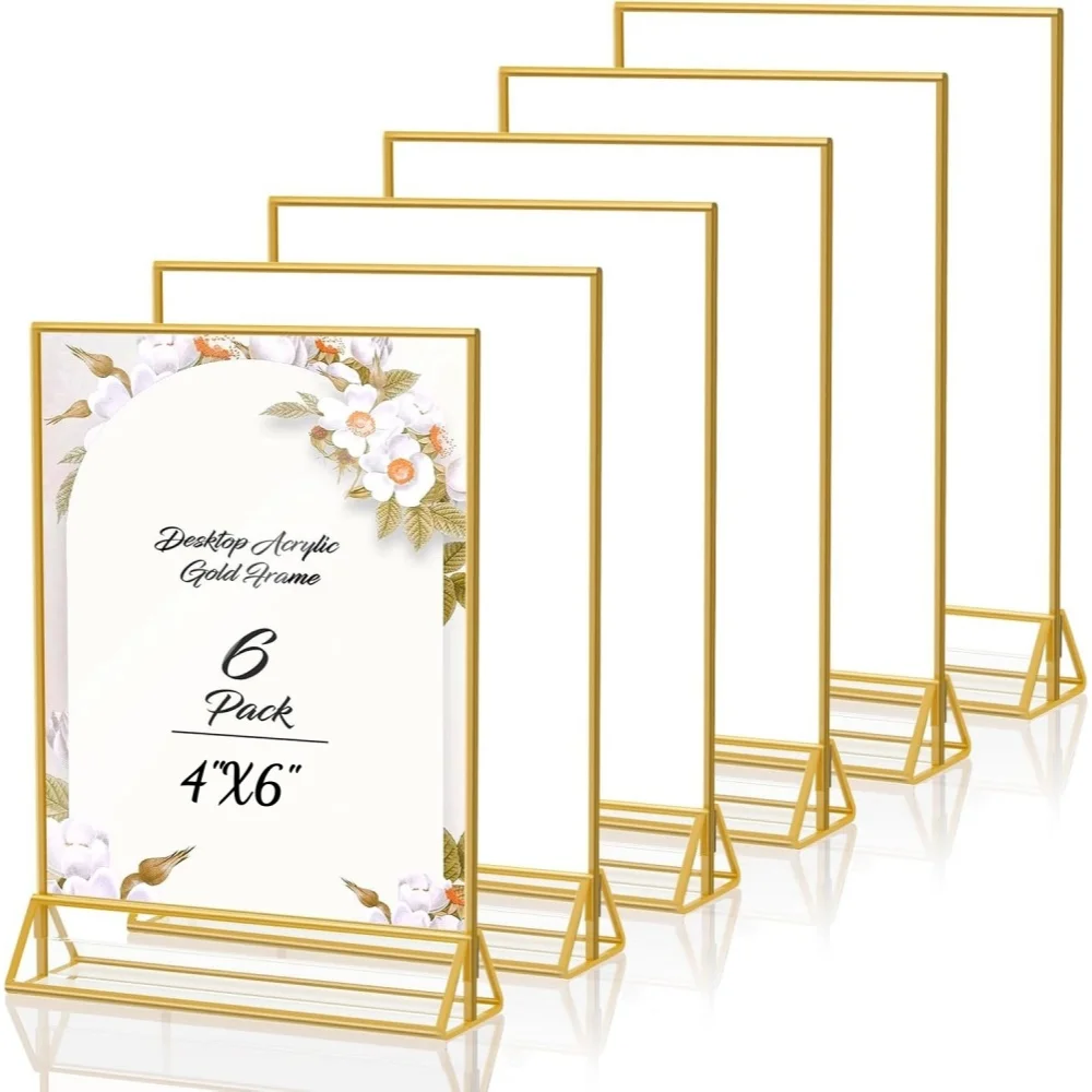 6 Pack Gold 4x6 Acrylic Picture Frame Sign Holder Double Sided Clear Display Stand for Wedding Table Numbers Menu Organizer