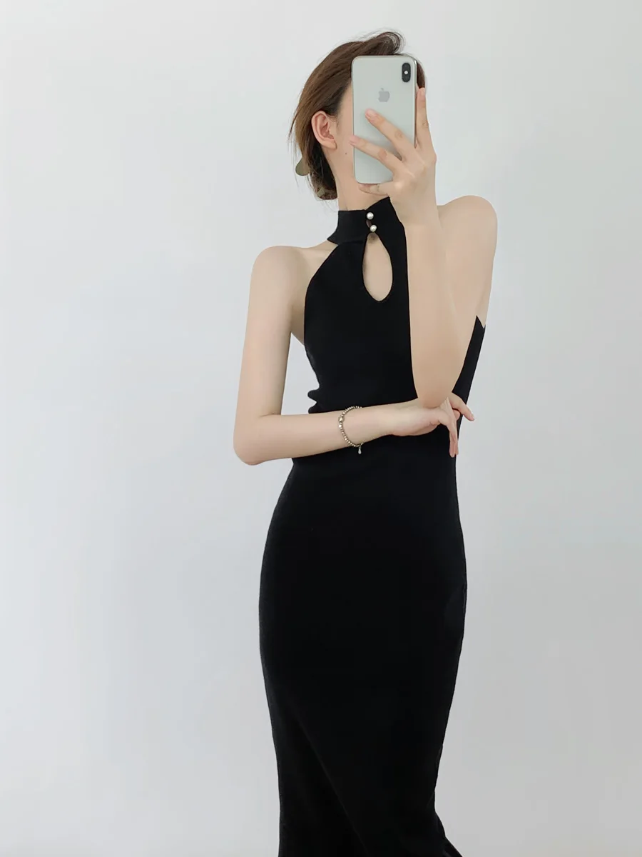 

Bla Knitted Vest Dr Sexy High Waist Slit Long Summer Gown Vintage Hong Kong Sle Svel Bodycon Dr for Young Women