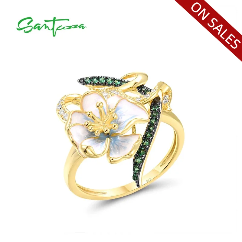 SANTUZZA Genuine 925 Sterling Silver Rings For Women Green Spinel White CZ Handmade Enamel Flower Ring Delicate Fine Jewelry