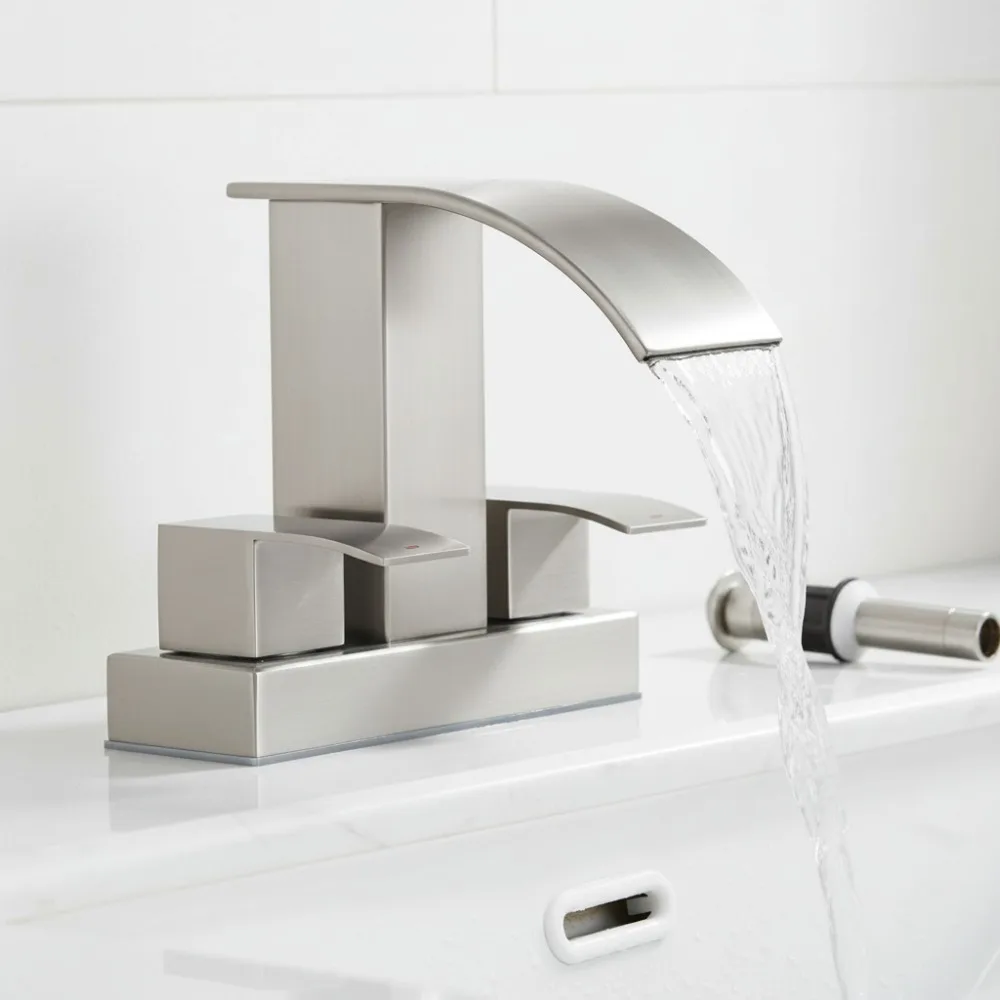 

Waterfall Bathroom Sink Faucet Set with Pop Up Drain - 4 Inch Centerset 2 Handle Brushed Nickel Vanity Mixer Tap