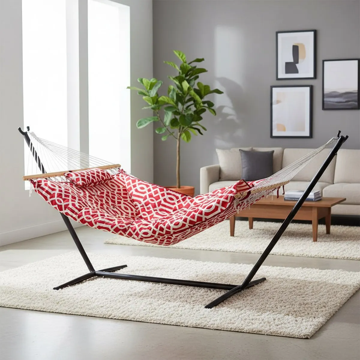 Large Red Rope Hammock with Steel Stand Portable Outdoor Lounger 450 lb