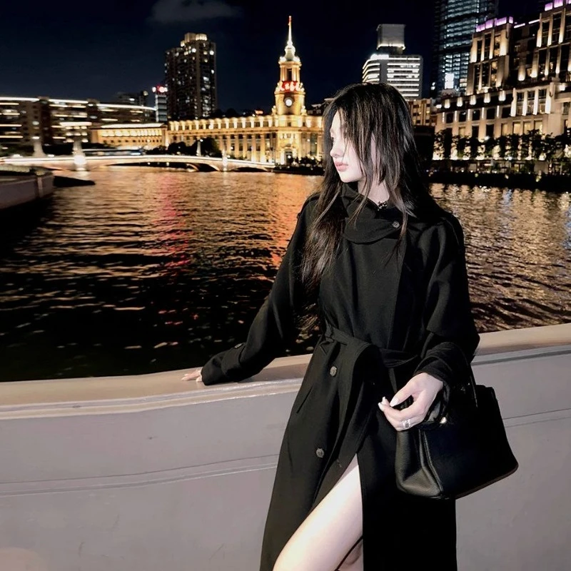 A Mid-spring and Autumn Long, Fashionable British Trench Coat for Women, Stylish Petite and High-end Stand-up Collar Suit Jacket