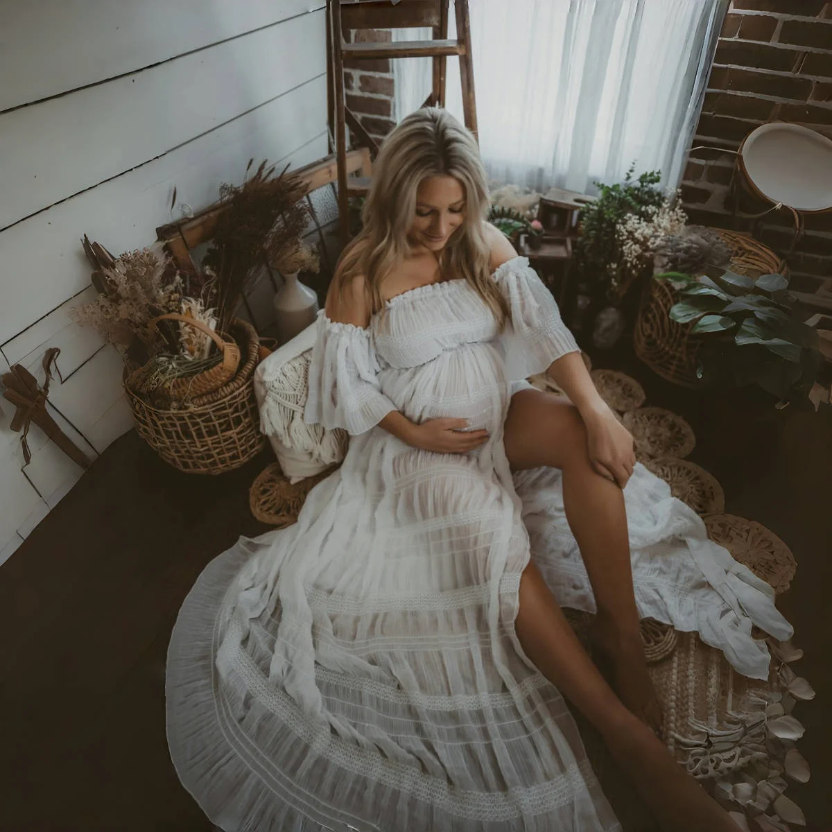 Pleated Chiffon Maternity Photo Shoot Dress White Ruffles Chiffon Pregnancy Photography Props Dress