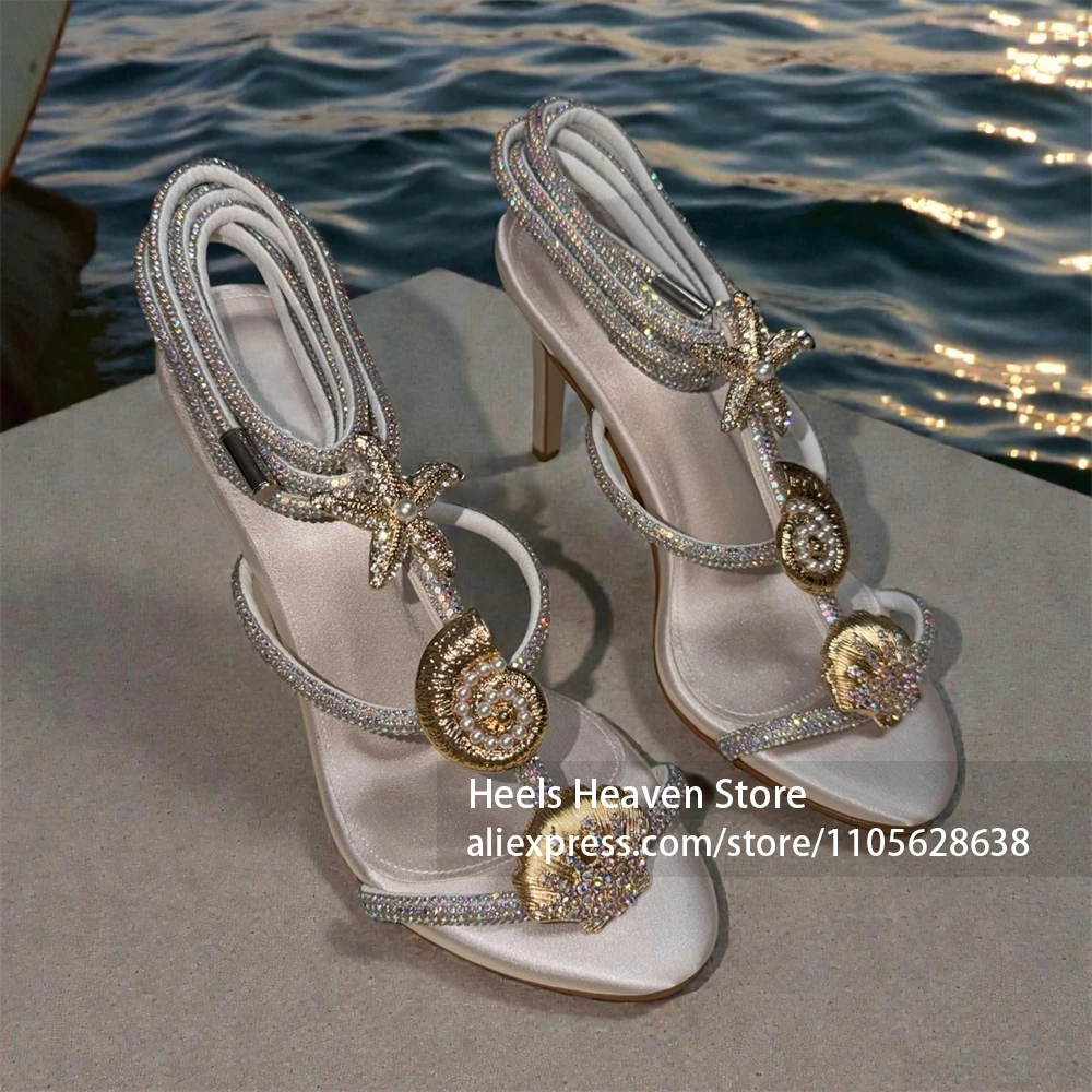 Sparkling Rhinestone Embellishment Stiletto Sandals Multi Layer Ankle Wrap Strap Structure Sea Shell Decor Beach Ocean Sandals