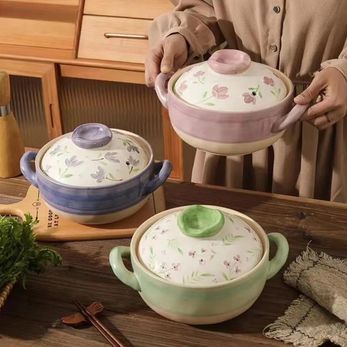 

Ceramic Hand-drawn Stew Pot - Stove & Oven Safe Soup Casserole, Shallow Braising Pan for Ramen, Korean Stew & Home Cooking