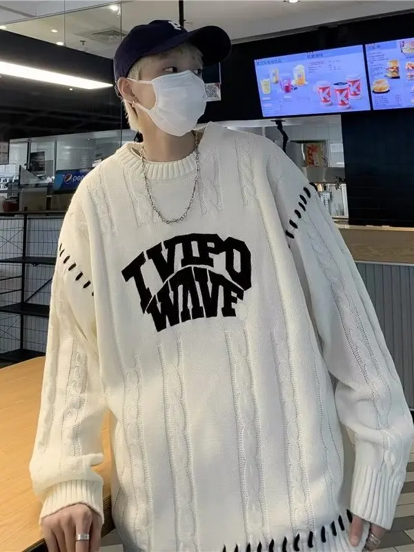 

American Hip Hop Letter Twist Sweater Loose Casual Knitted Long Sve Top for Men And Women Autumn Winter Street Sle