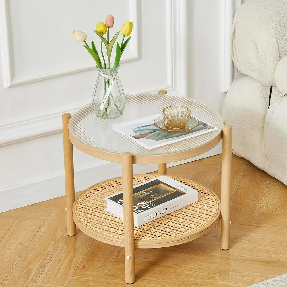 

19.6"" Boho Rattan Coffee Table, Round Glass Metal End Table, Modern Simple 2 Tier Side Table For Sofa Bed Side Small Space