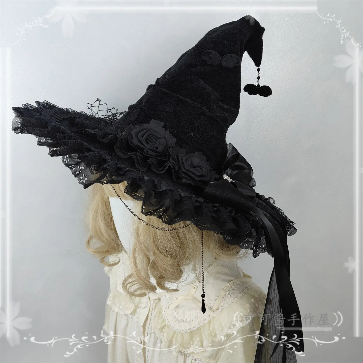 Halloween Witch Hat Pointed Wizard Hats Black Gothic Velvet Rose Dark Gorgeous Women Hat for Women