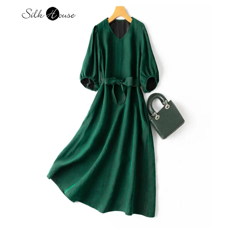 Old Green Turtle Cracks Xiangyun Yarn Silk Big Swing Dress 100% Natural Silk Medium Length Dress