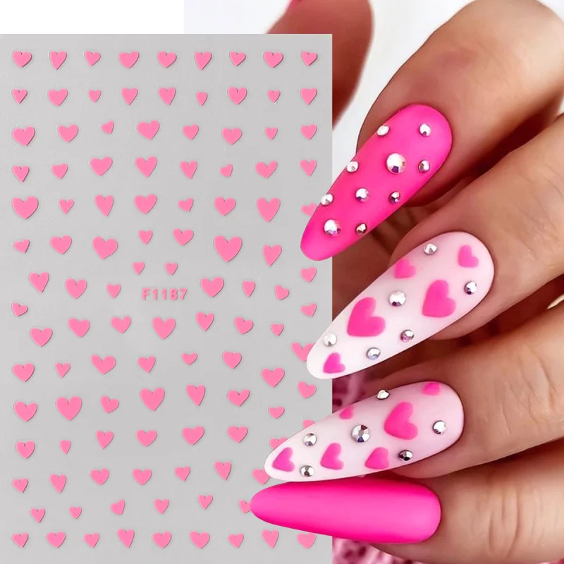 ملصقات أظافر لامعة لعيد الحب مختلطة باللون الأحمر والوردي على شكل قلب الحب، شارات لاصقة لطيفة على شكل قلب صغير لإكسسوارات ديكور الأظافر
