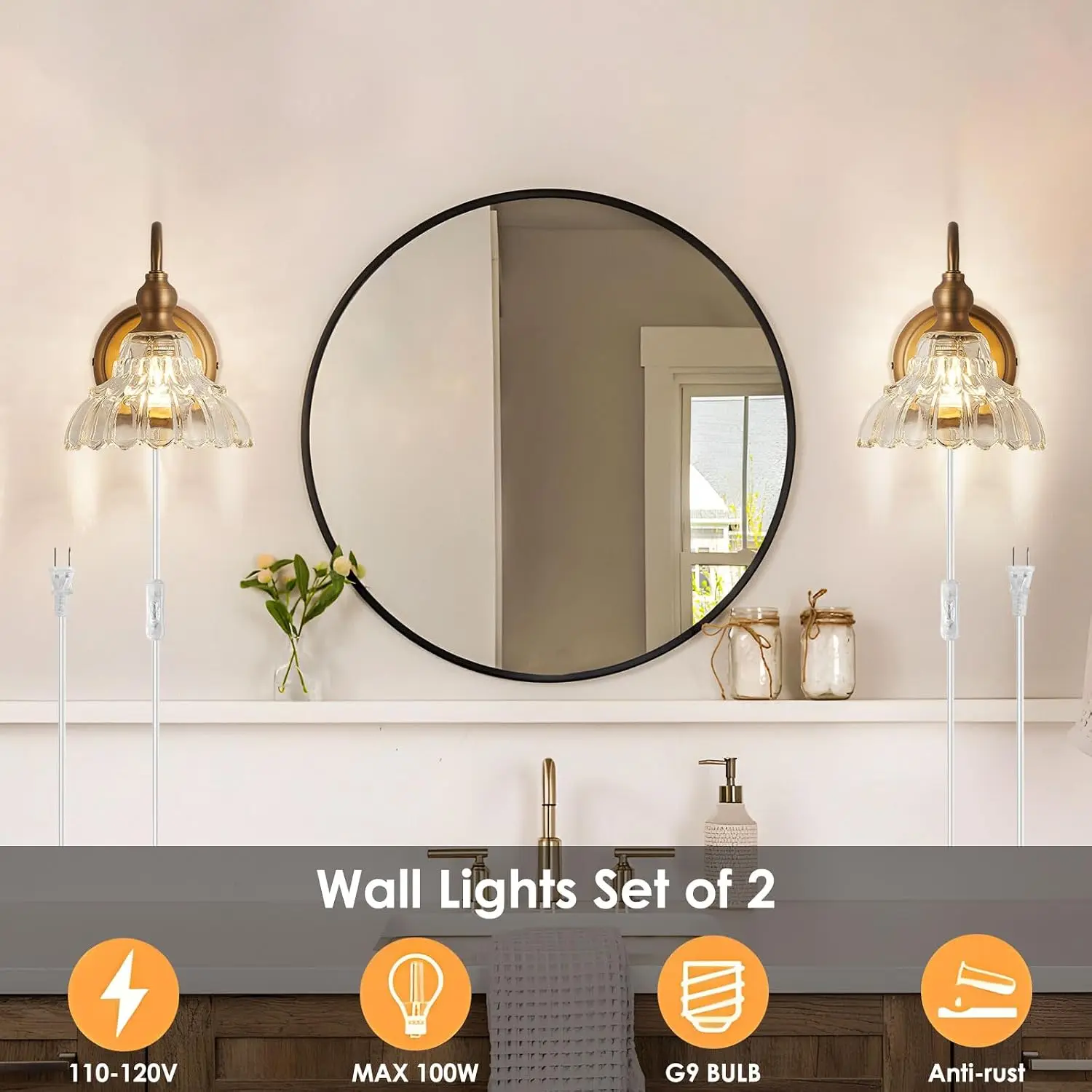 Two Light Brass Vintage Wall Sconce Set Modern Antique Fixture Vanity Living Room Fireplace Bathroom Bedroom Coffee