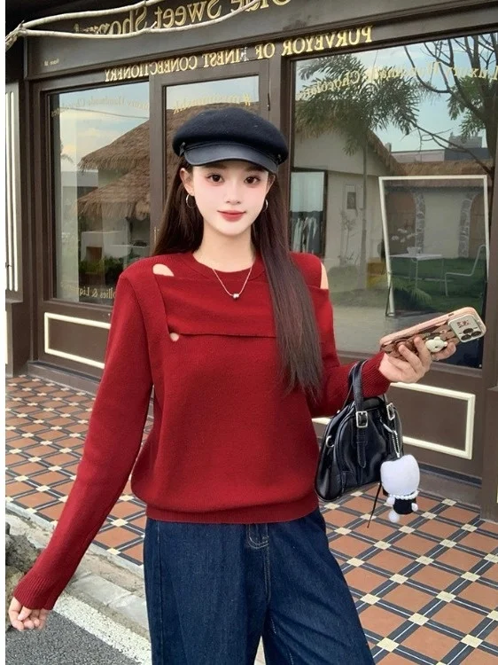 

plus Size Sweet Style Shoulder Bared Knitted Sweater Women's Design Sensation Hollow out Top Trendy Autumn Korean Versi...