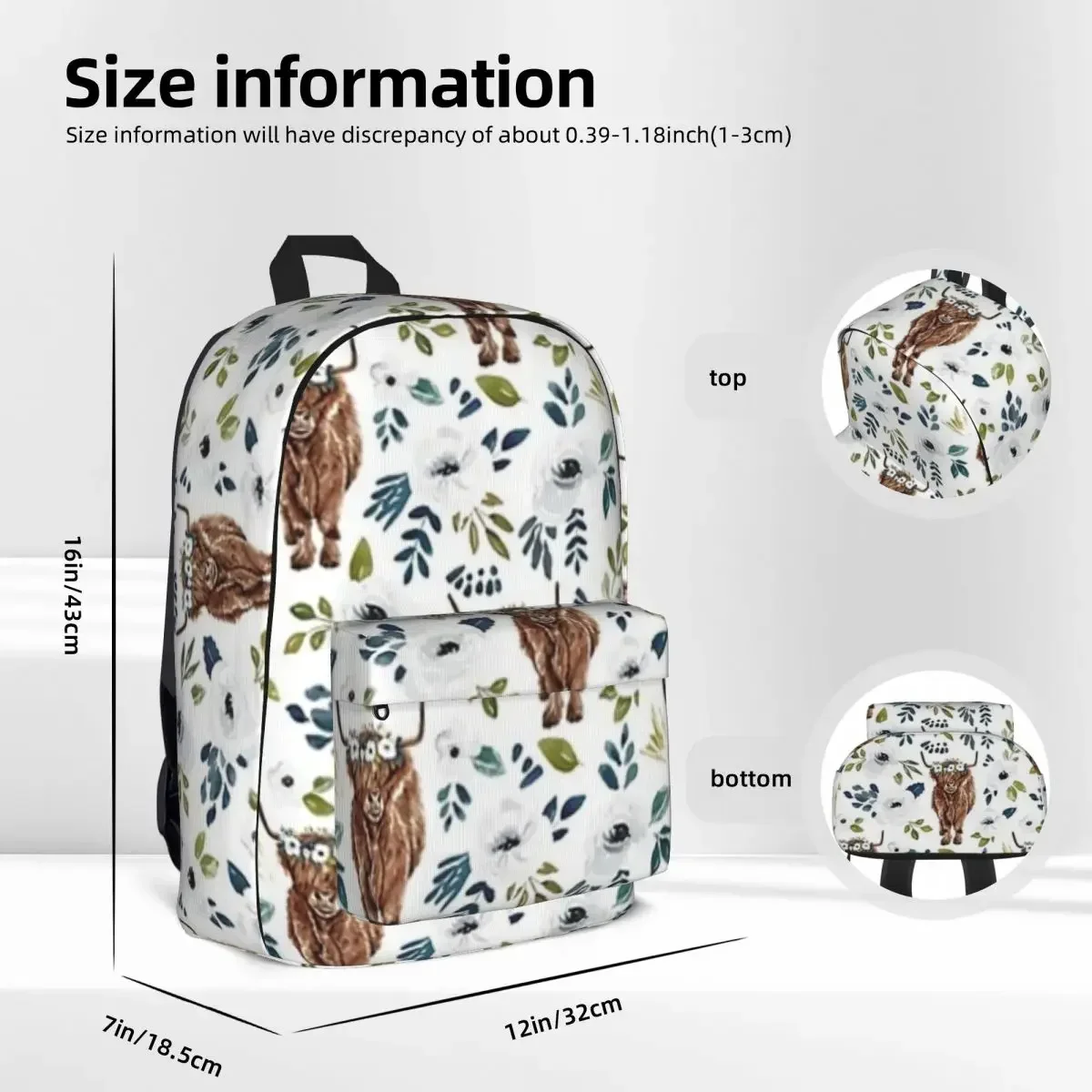 Highland Cow, Floral, Floral Crown, Cow Painting, Farmhouse Decor Backpack Children School Bag Laptop Rucksack Travel Rucksack