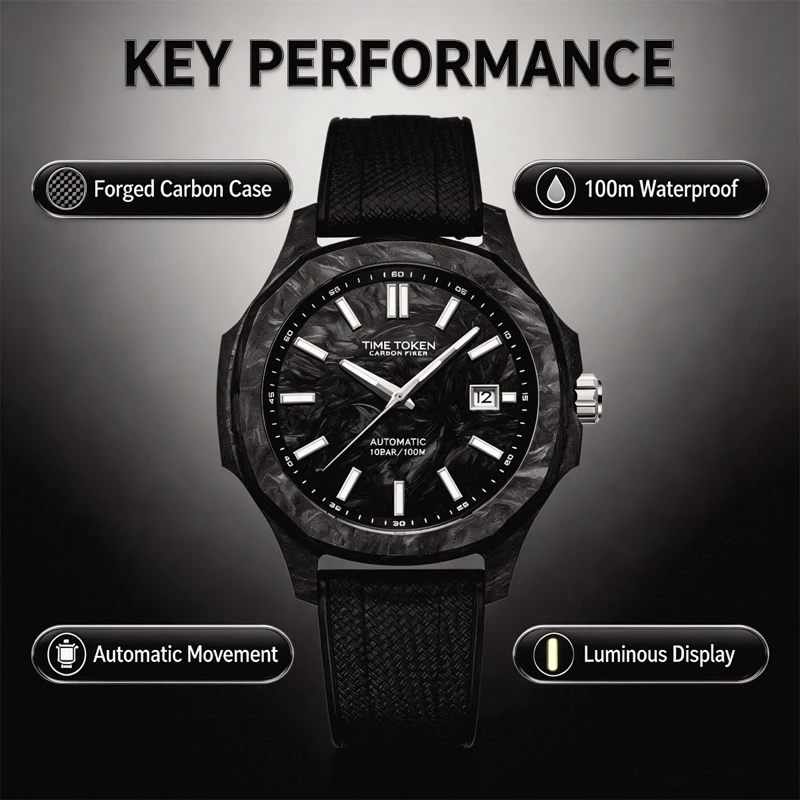 Carbon Fiber Diver Men Watch Automatic Miyota 8215 Limited Edition 40mm Design See-through Back Water Resistant Rubber Strap