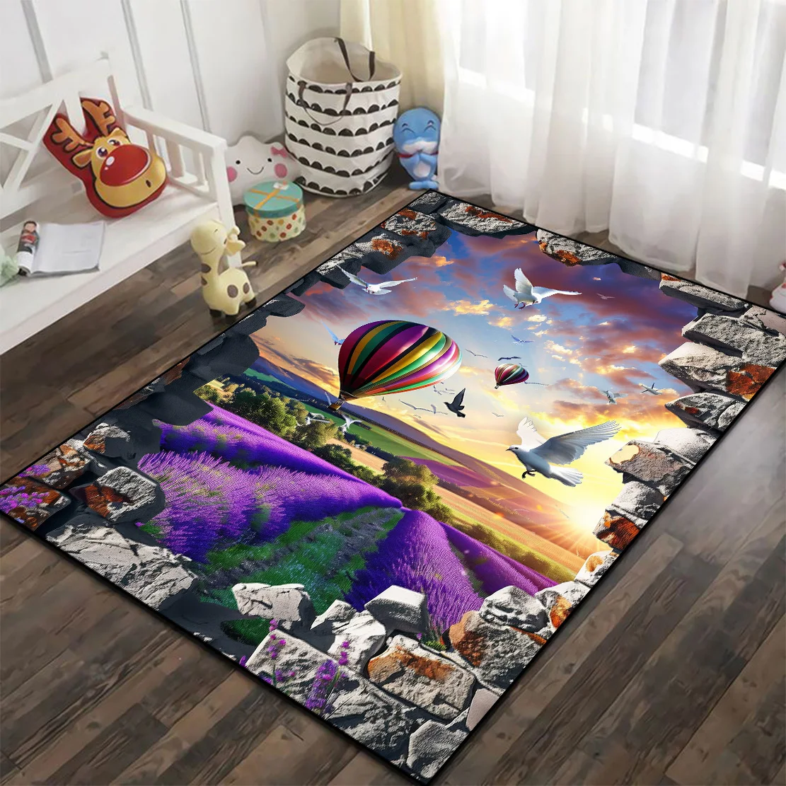 Modern 3D Purple Lavender Carpet Children Bedroom Bedside Rug Hot Air Balloon Birds Decor Carpets Home Living Room Soft Foot Mat