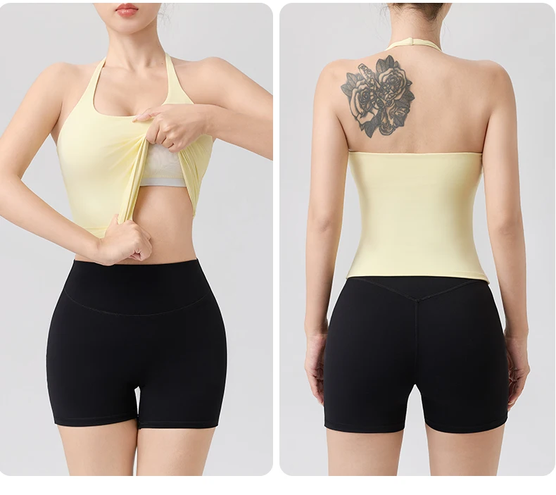 2-teiliges Sport-Set mit Neckholder-Top und Riemchen-BH, Shorts, nahtlosem Yoga- und Fitness-Leggings-Set, Lauf- und Fitness-Sportshorts-Anzug für Damen – Detail 9