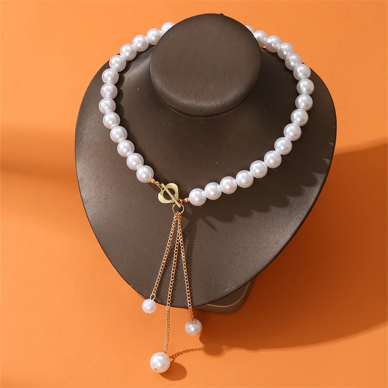 1pc Draped Faux Pearl & Fringe Necklace – Elegant Lariat for a Bold, Fashion-Forward Silhouett.
