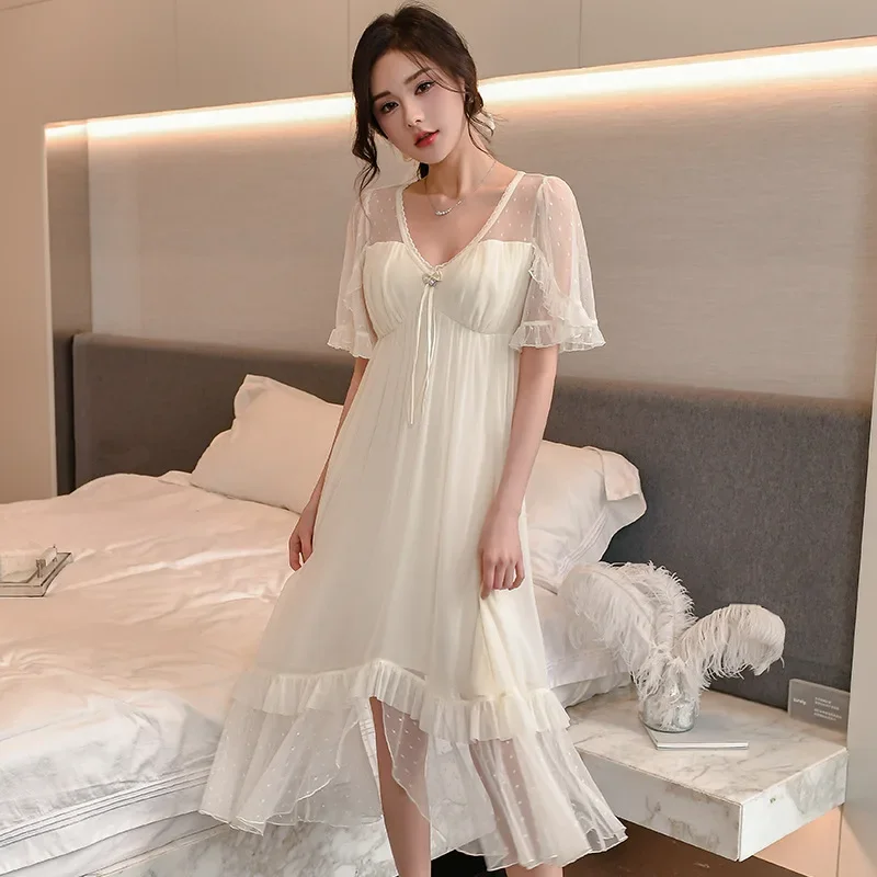 Sexy Pajamas Women's Summer Short-sleeved French Court Style Sleepwear Sweet Nightdress with Chest Pads