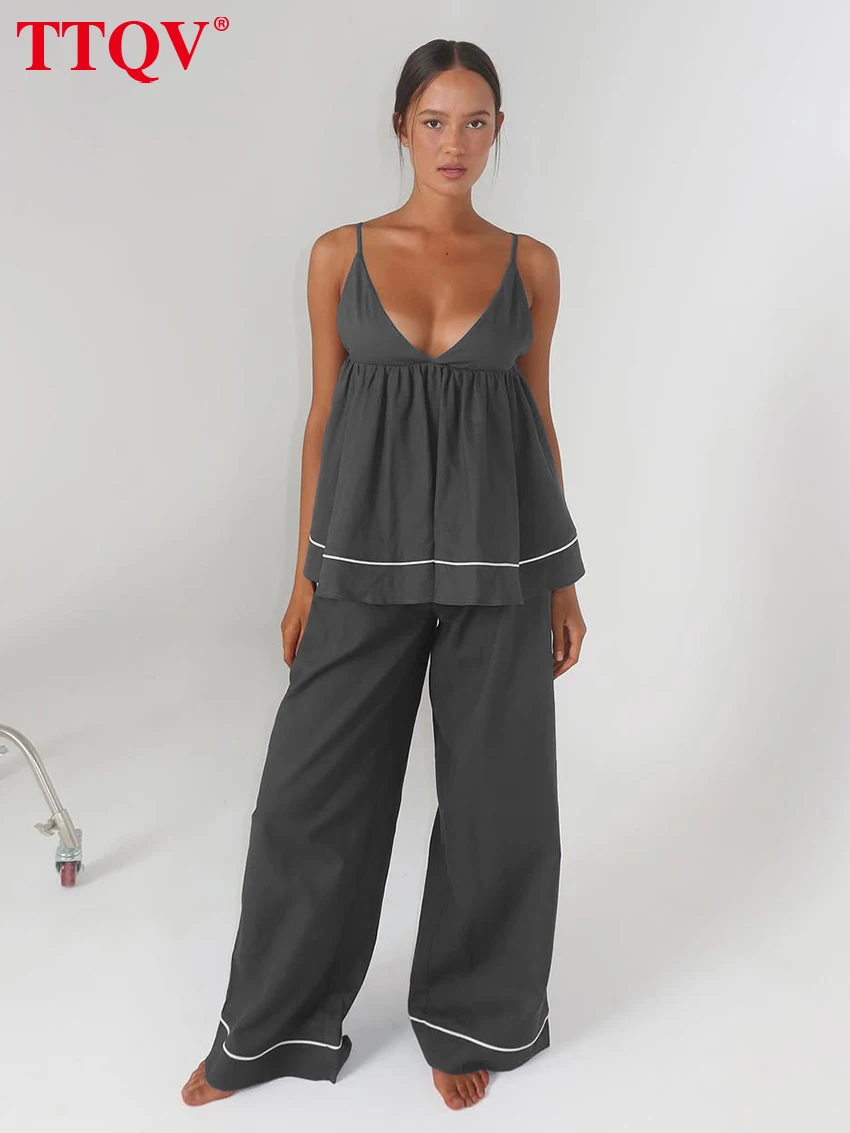 

TTQV Summer Loose Gray Cotton 2 Piece Set Women 2026 Fashion Sleeveless Tank Top With High Waist Wide Pants Set Female Clothing
