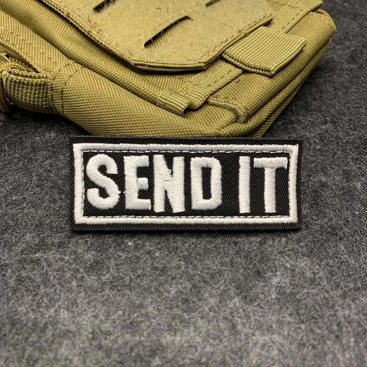 Send it quote morale patch, extreme sports hook and loop patch, arrow shaped embroidered patch, tactical slang badge