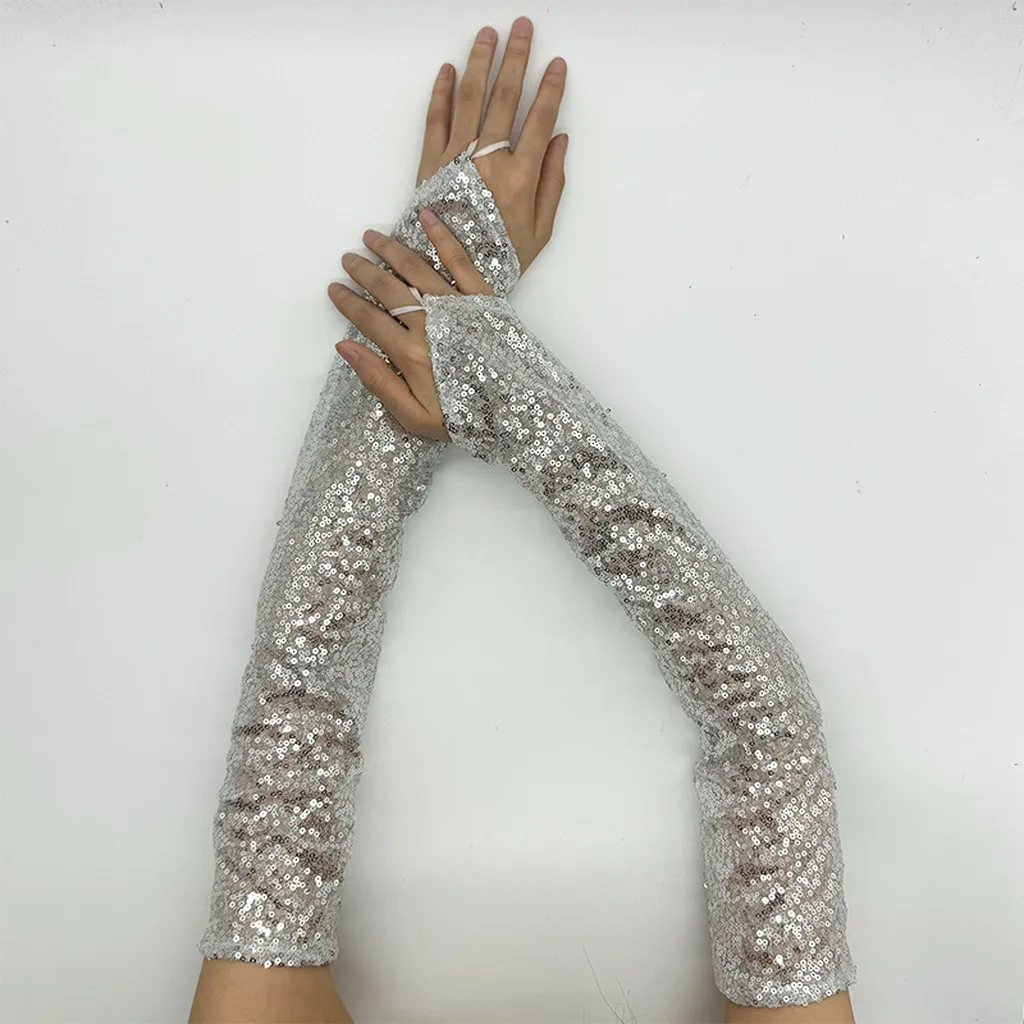 Sequin Gloves Fingerless Long Arm Cover Cosplay Gloves Mesh Long Fingerless Gloves For Stage Performance Theme Photoshoots
