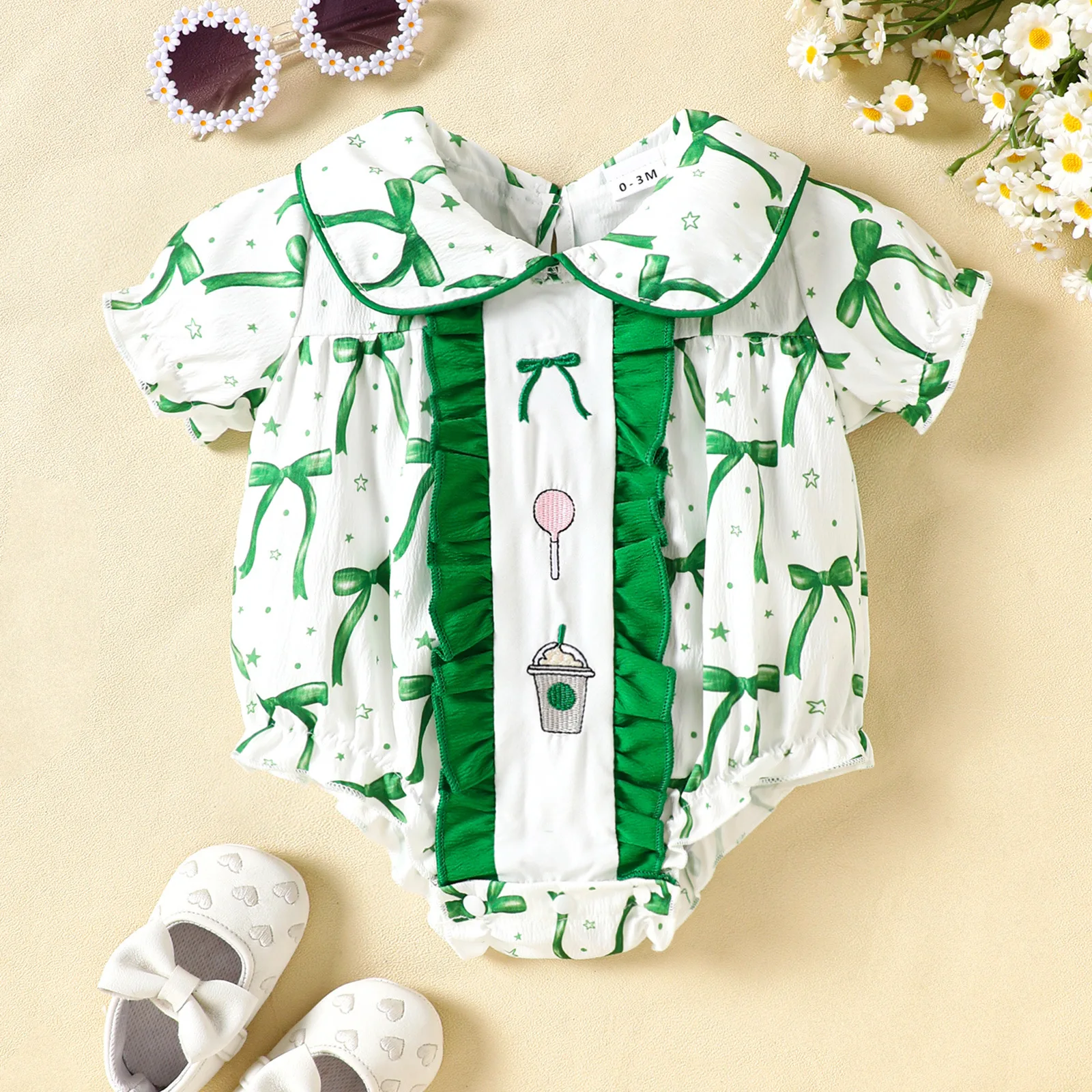 2025 Summer Bodysuit for Baby Girls Sweet Cherry Print Embroidered Infant Jumpsuit Lapel Short Sleeved Toddler One Piece Clothes