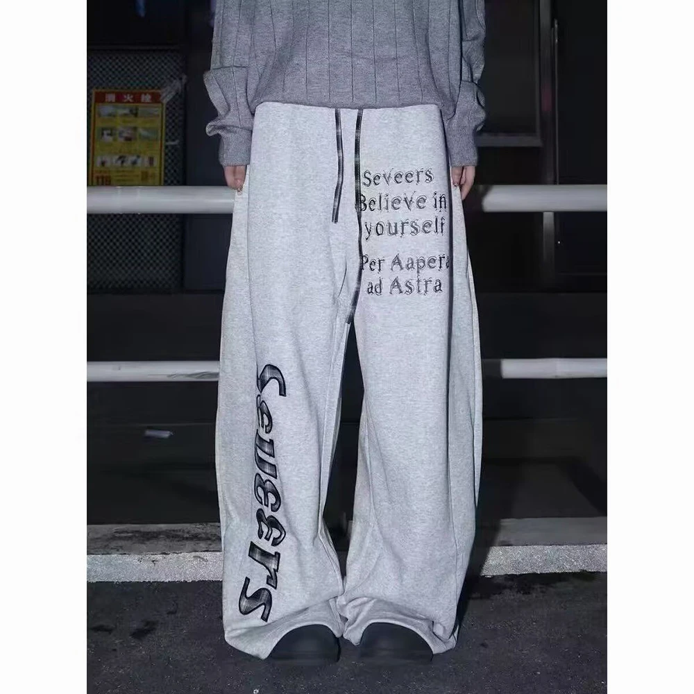 

2025 зимние новые мужские широкие брюки с принтом, американский ретро-модный тренд, уличный хип-хоп, повседневные нишевые мужские брюки свободного покроя