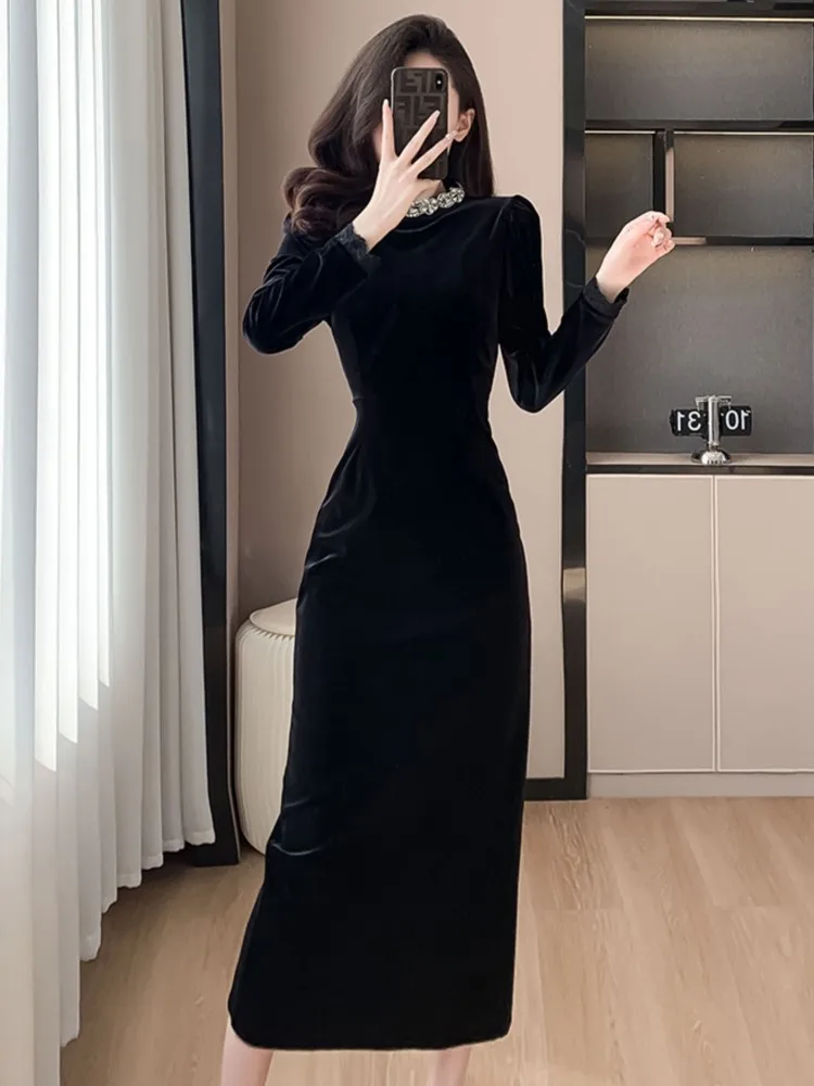 

Women Hepburn Luxury Design Slim Bodycon Midi Long Party Night Dresses Vintage Elegant Sheath Black Velvet Prom Robe Autumn