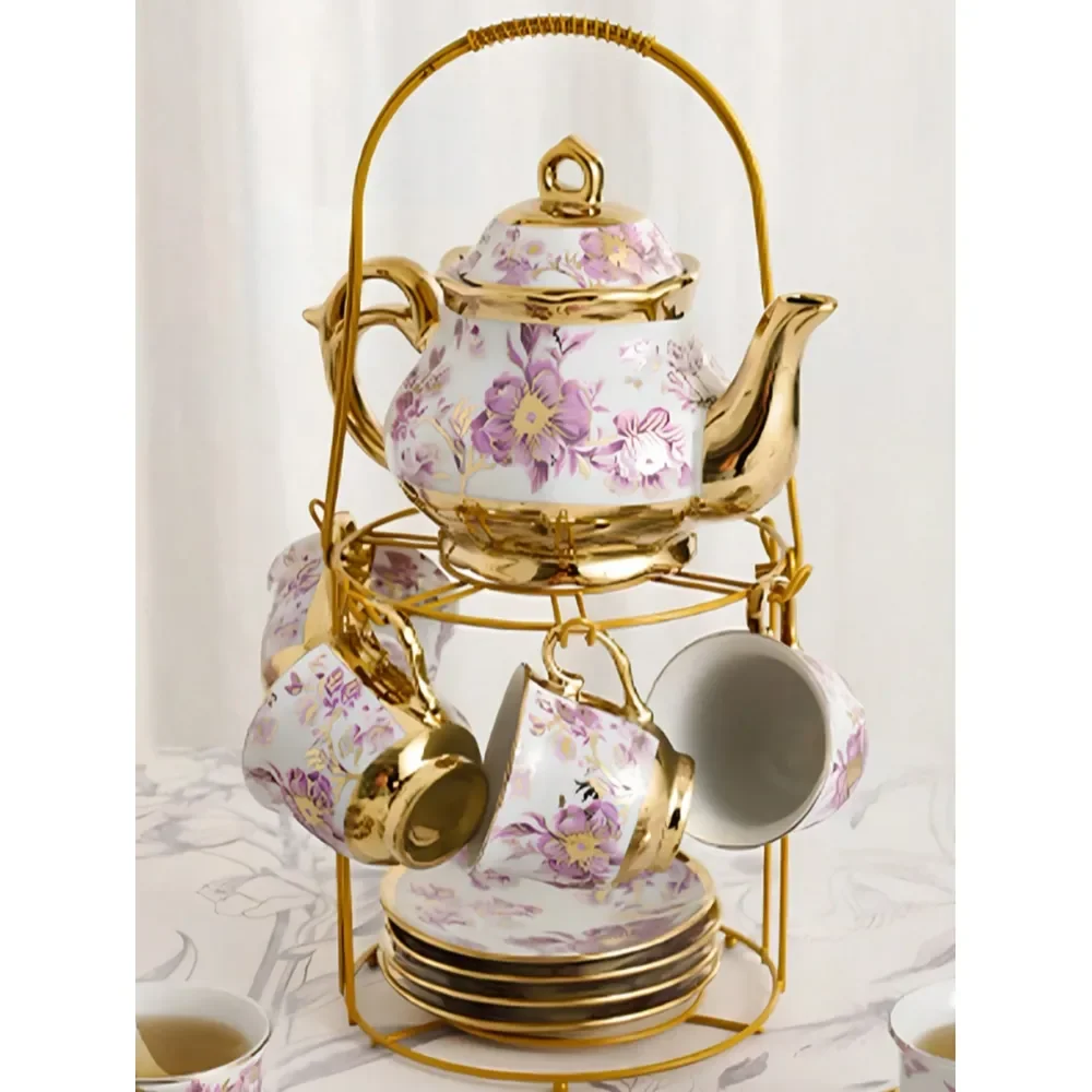 Conjunto de chá de porcelana europeu, 20 peças, cerâmica com suporte de metal, flor dourada, copo, pires, presente adulto para festa de primavera e páscoa