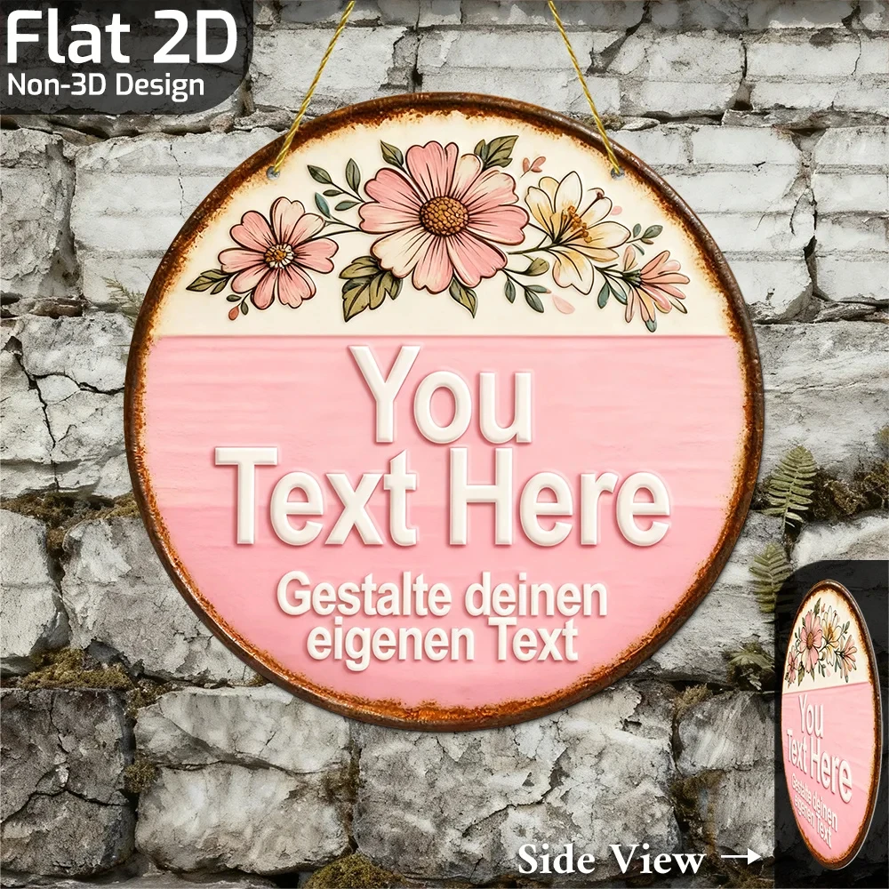 Floral Metal Sign with Text, Floral Theme, Customizable Round Sign with Pink Accents, for Home Decor or Garden