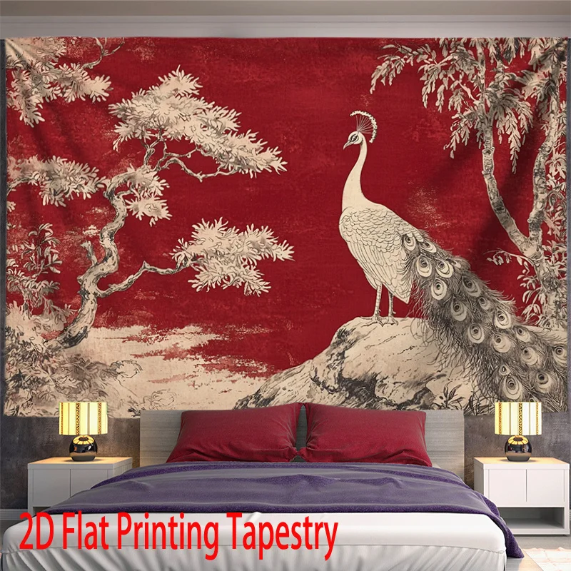 Stunning Asian Peacock Wall Tapestry Large Polyester Red Decoration Mural Chinese Style Home Decor Art Hanging for Bedroom Livin
