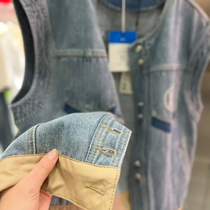 Patchwork Denim Vests High Street Retro Women's O-Neck Vests Spring Summer New Chic Sleeveless Loose Cardigan Button Denim Coat