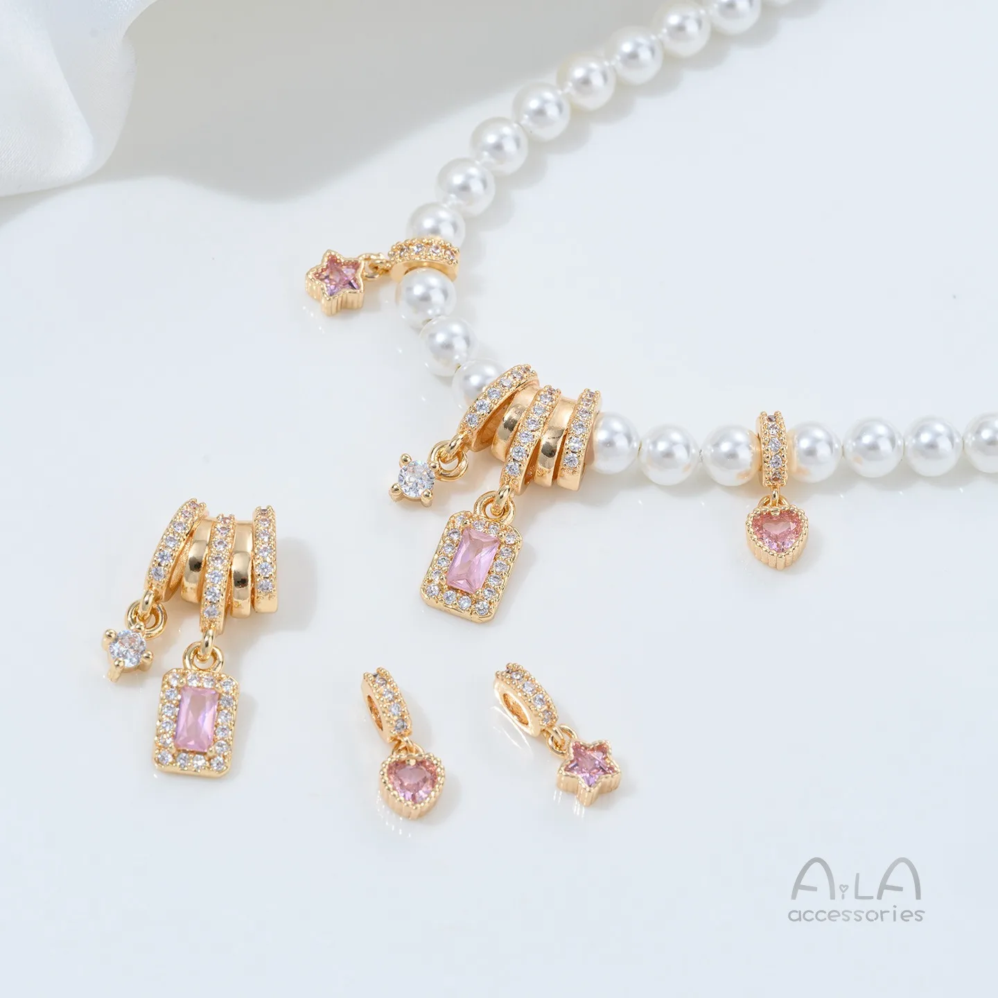 Copper-plated 14K Gold Color Zircon Peach Heart Gemini Rectangular Zirconium Pendant Handmade DIY Pearl Necklace Accessories
