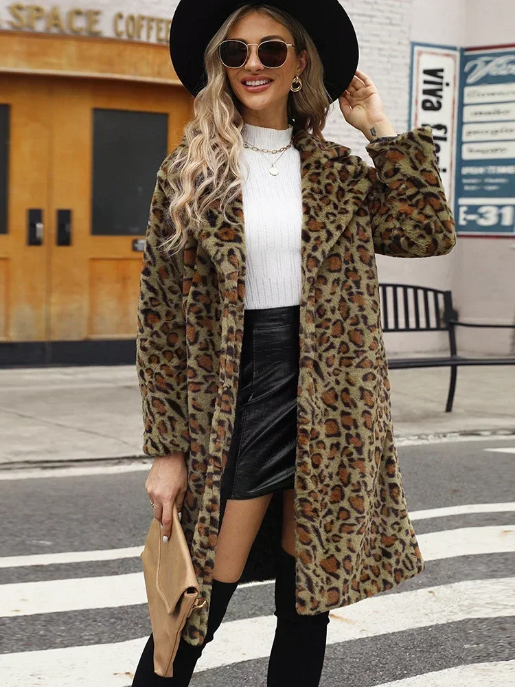 Winter Women\'s Warm Faux Fur Long Coat Leopard Leisure Women Shaggy Fur Long Jackets Thick Fluffy Luxury Bontjas Outerwear 2023