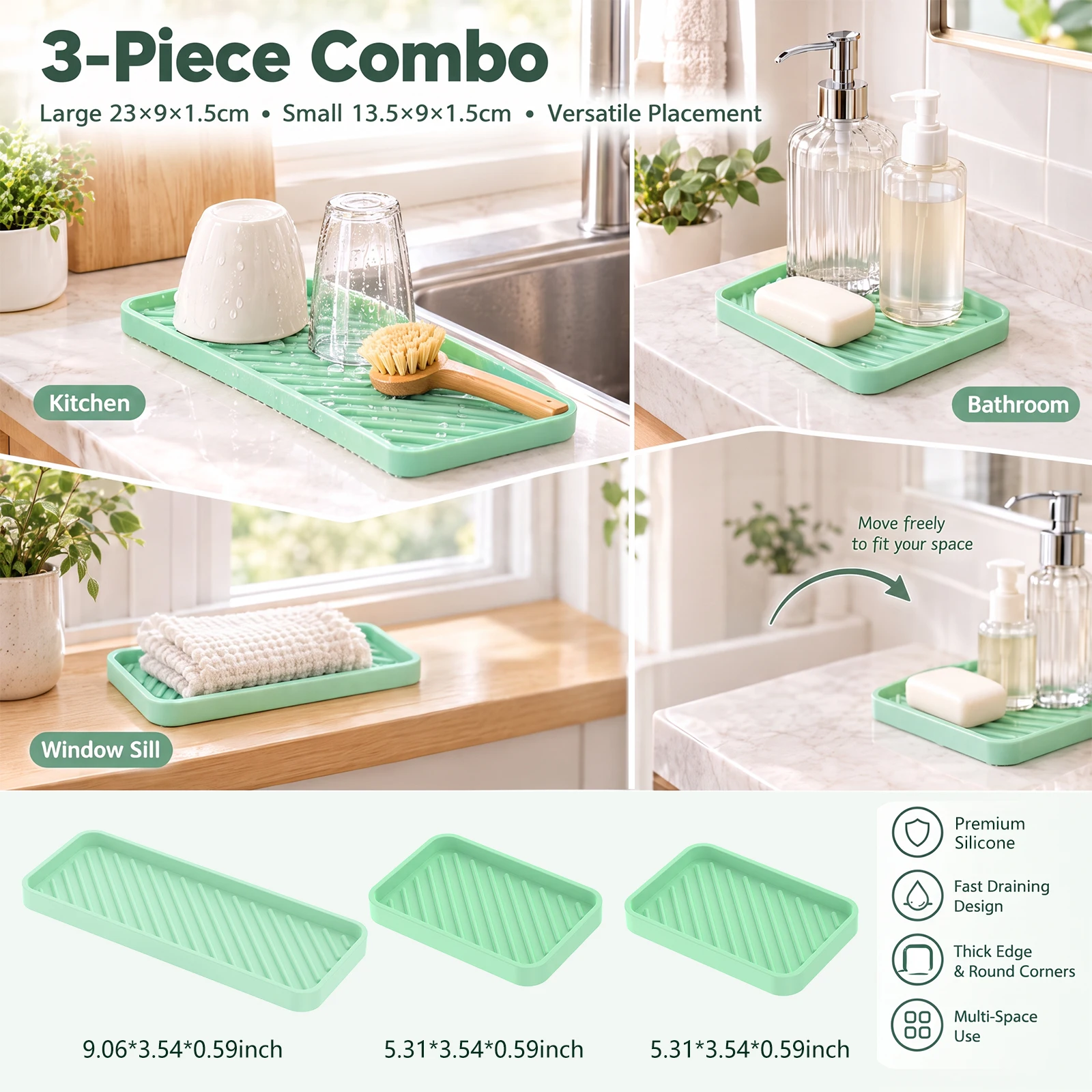 3Pcs Rounded Silicone Sponge Holders Thickened Edged Kitchen Sink Organizer Tray Bathroom Soap Tray for Keep Small Daily Items