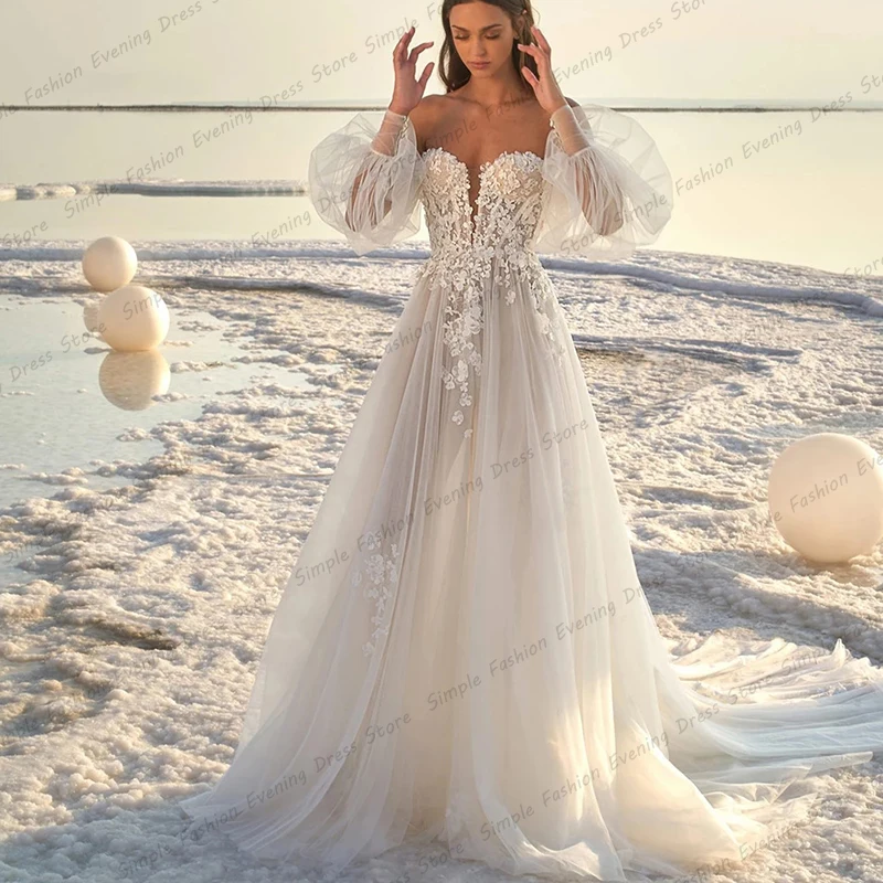 Vestidos de novia bohemios para mujer, elegantes vestidos de novia con apliques de manga de burbuja, Sexy, espalda abierta, Formal, para playa y fiesta en la playa, 2024