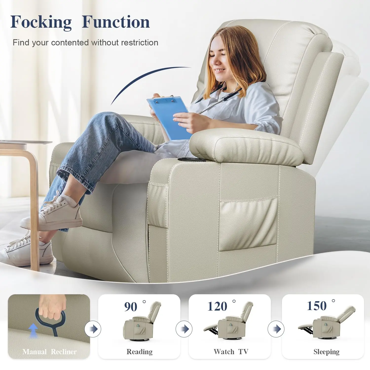 Massage Heated Recliner Chair, 360° Swivel Rocker Ergonomic Lounge Seat, Living Room Single Sofa, Ivory, Customized