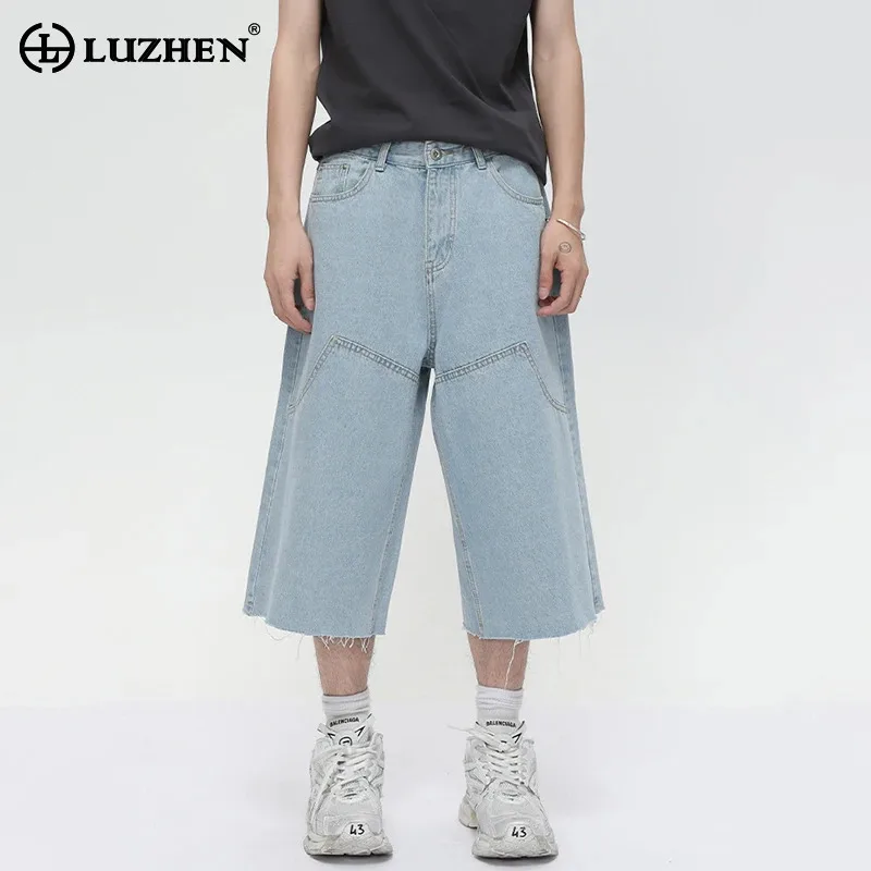 

LUZHEN Summer Loose Line Splicing Straight Solid Color Casual Denim Cropped Pants Men's 2025 New Trendy Original Jeans JY2845