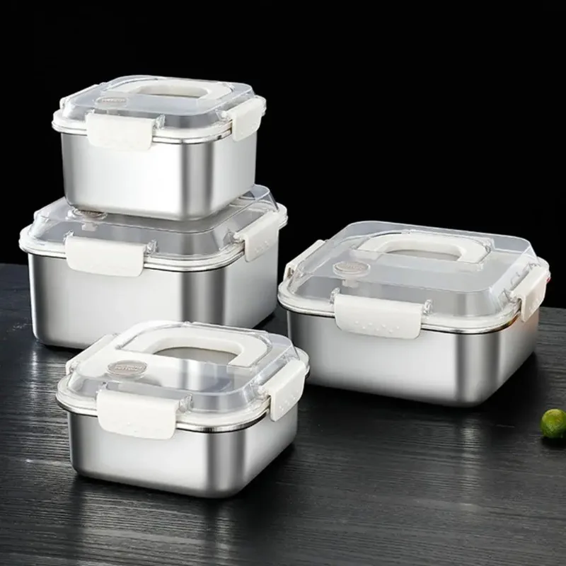 Stainless Steel Crisper Box 1200ml-3000ml Square Sealed Anti-Spill Lunch Refrigerator Storage Box Portable Lunch Box for Kitchen