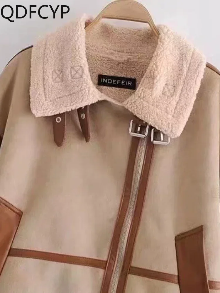 Women\'s Coat 2024 Autumn Winter New Fashion Polo Collar Lamb Wool Pockets Patchwork Tops Simple Versatile Zipper Jacket Female