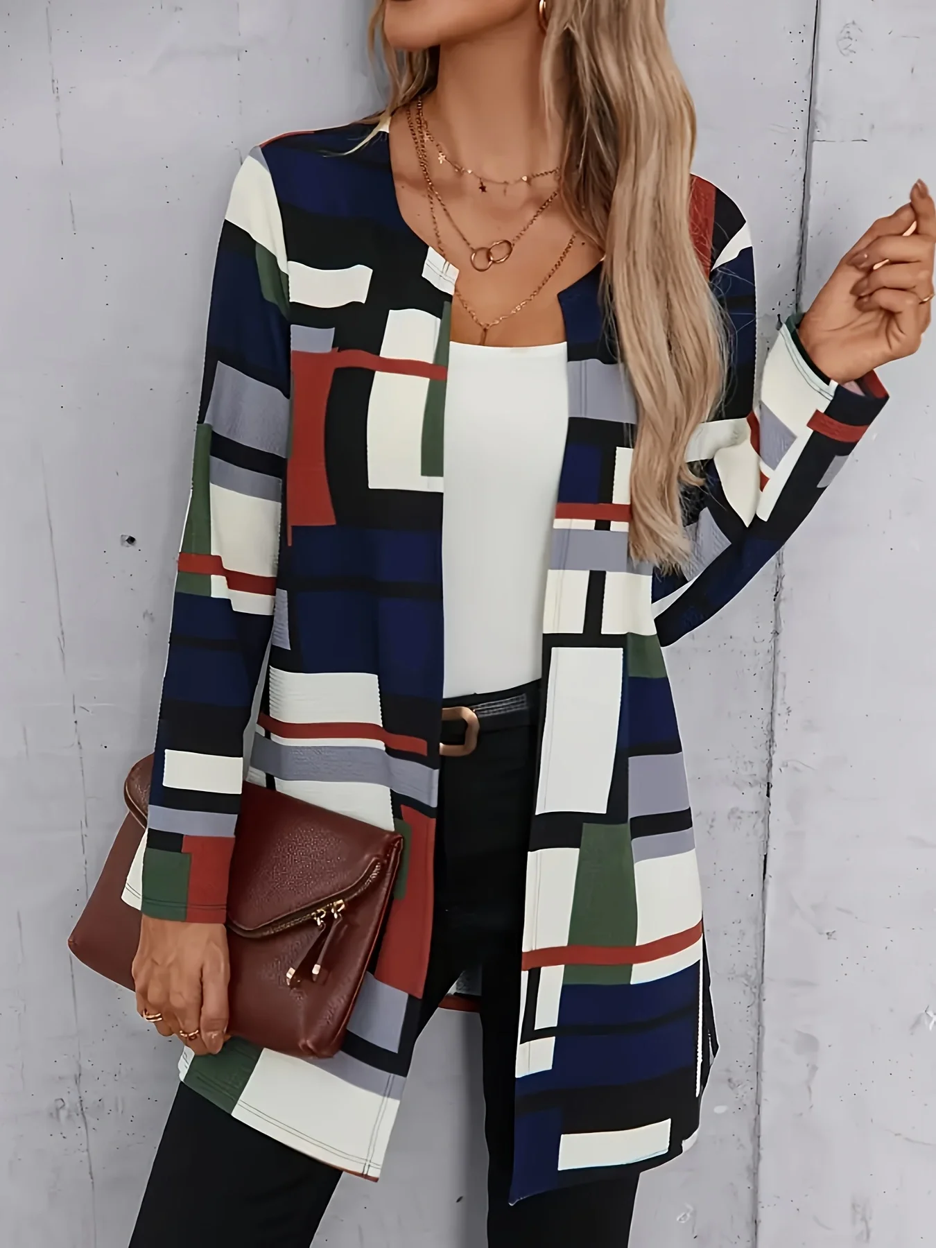 Spring and Autumn Long Cardigan Long-Sleeved Top with Plaid Print Round Neck Long-Sleeved Jacket