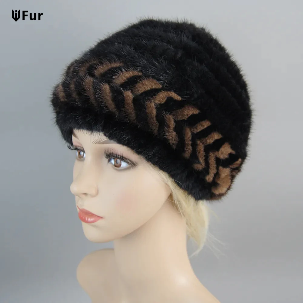 Winter Luxury Women Real Mink Fur Hats Warm Natural Fur Knitted Cap Fashion Ladies Genuine Mink Fur Beanie Female Bomber Hats